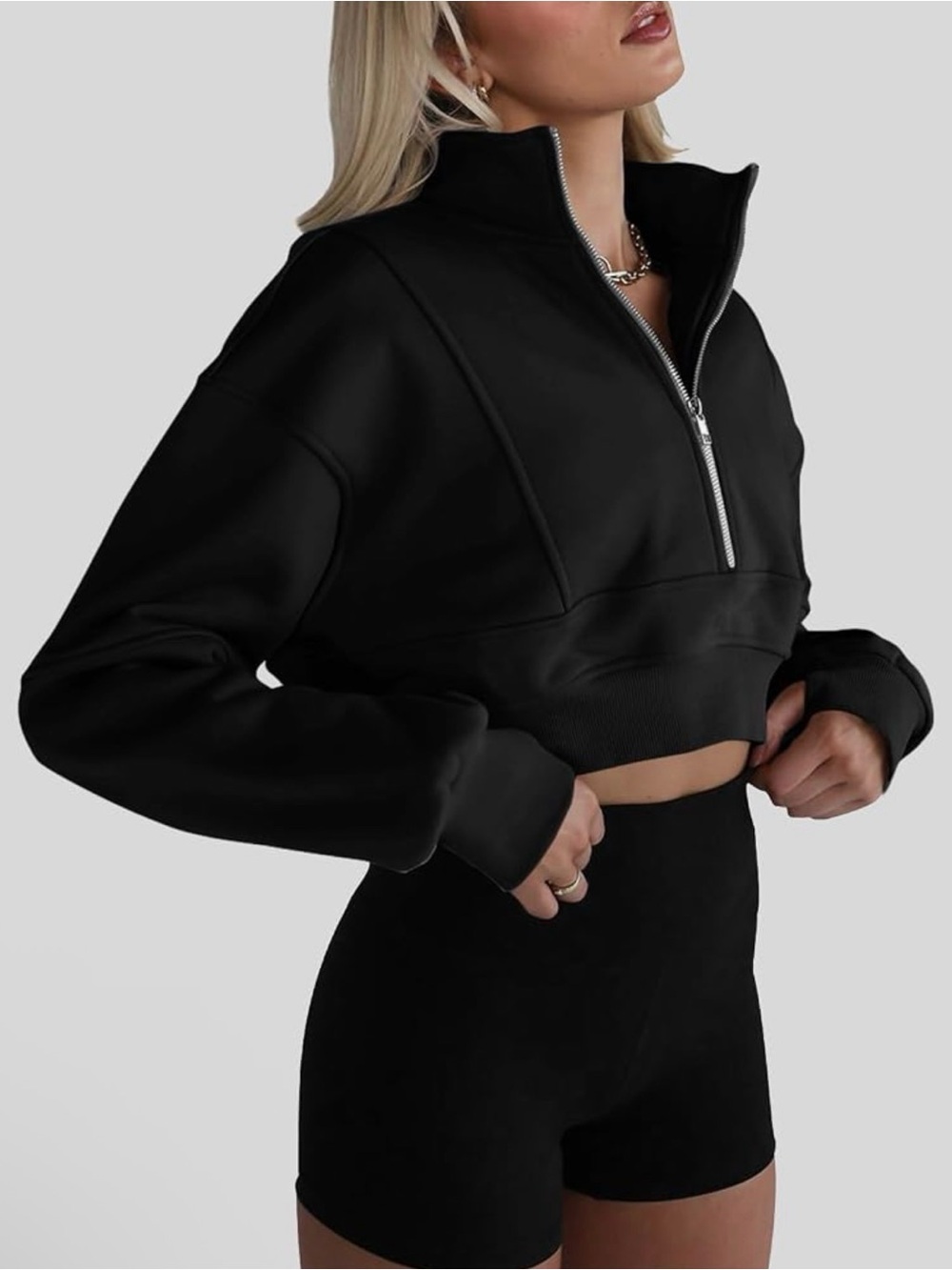 Black Cropped Half-Zip Sweatshirt - Women Tops - Picture 3 of 3